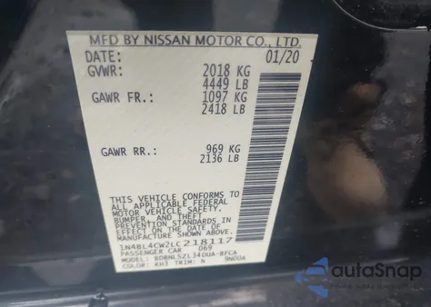 2020 Nissan Altima Sr Intelligent Awd из США, поврежденный, VIN 1N4BL4CW2LC218117